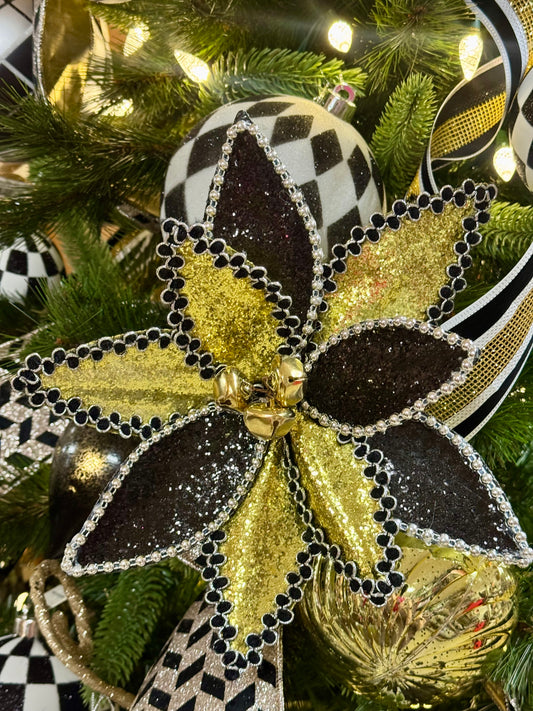 11 Inch Black And Gold Glitter Beaded Poinsettia Spray