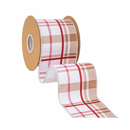 4 Inch By 10 Yard Gingerbread Plaid With White Backing Ribbon