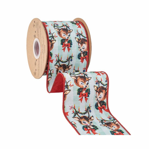 4 Inch By 10 Yard Retro Deer With Wreath With Red Backing Ribbon