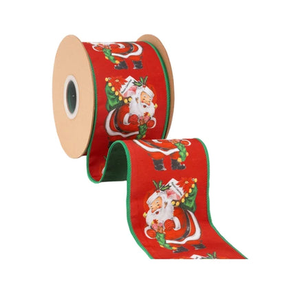 4 Inch By 10 Yard Retro Santa With Green Backing Ribbon