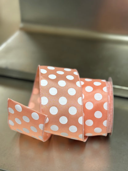 2.5 Inch By 10 Yard Peach And White Large Polka Dot Ribbon