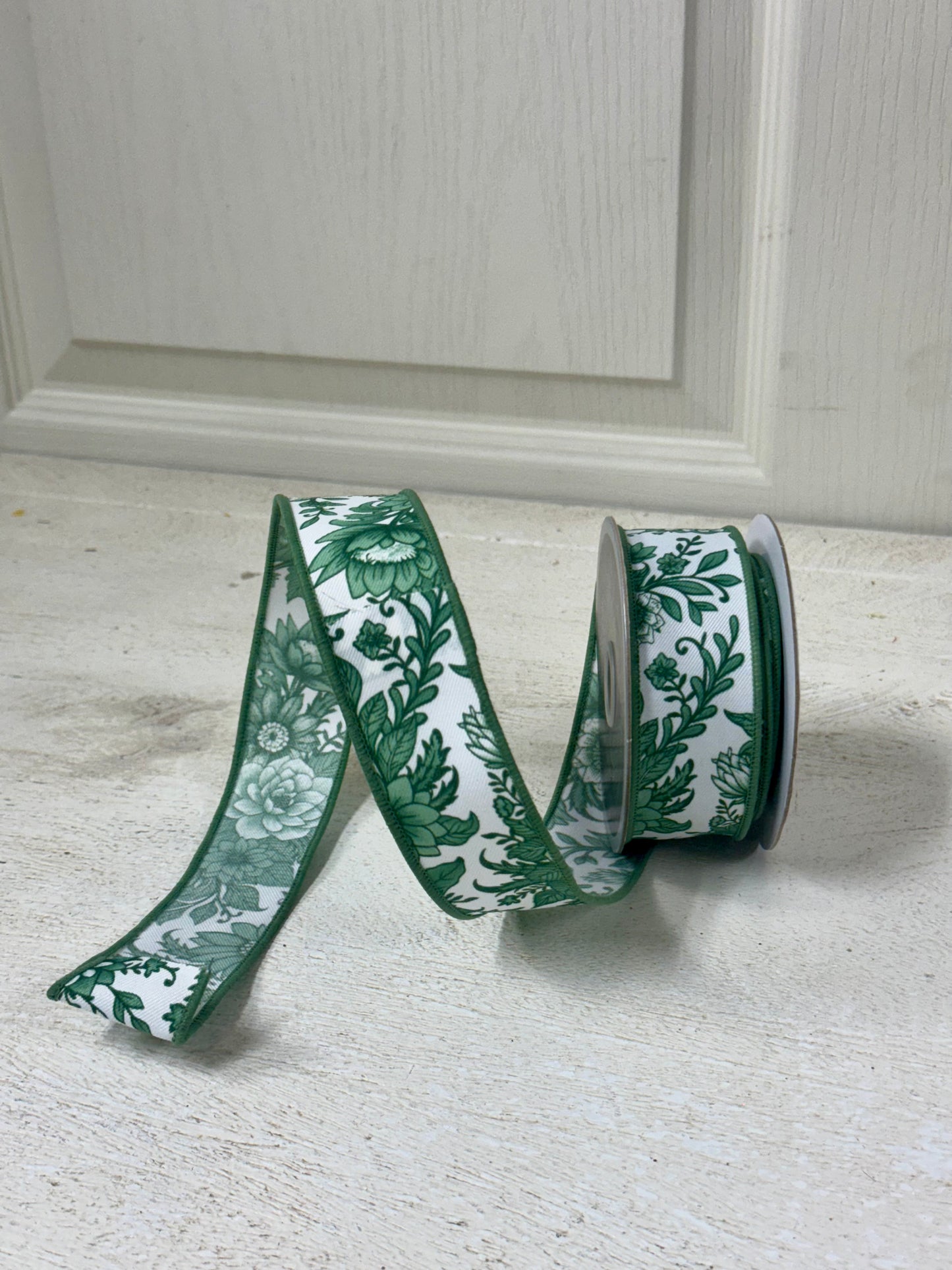 1.5 Inch By 10 Yard Sage And White Chinoiserie Florals Ribbon