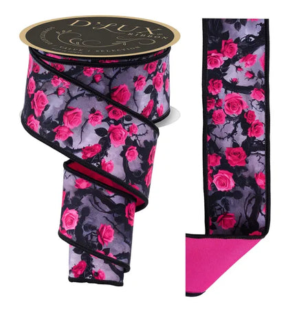 2.5 Inch By 10 Yard Hot Pink Grey And Black Roses And Vines Fused Ribbon