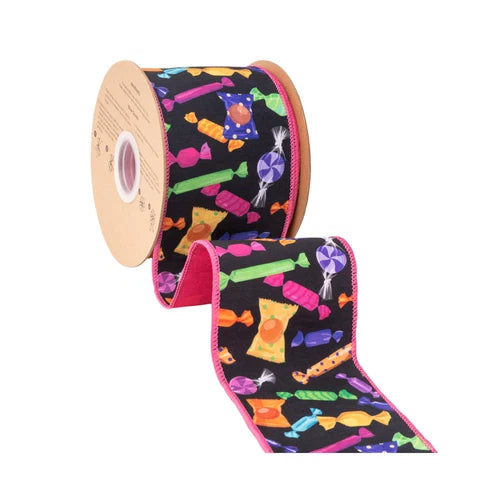 4 Inch By 10 Yard Halloween Candy Dupioni With Pink Backing Ribbon