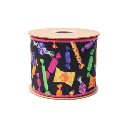 4 Inch By 10 Yard Halloween Candy Dupioni With Pink Backing Ribbon