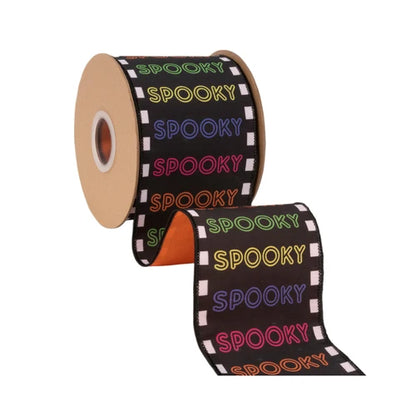 4 Inch By 10 Yard Bright Spooky On Black With Satin Orange Backing Ribbon