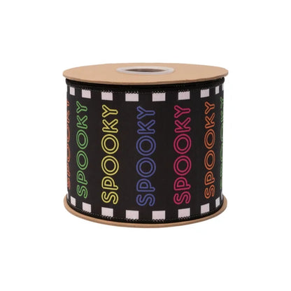 4 Inch By 10 Yard Bright Spooky On Black With Satin Orange Backing Ribbon