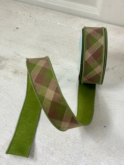 1.5 Inch By 10 Yard Moss Green Brown Beige Woven Check Fused Ribbon