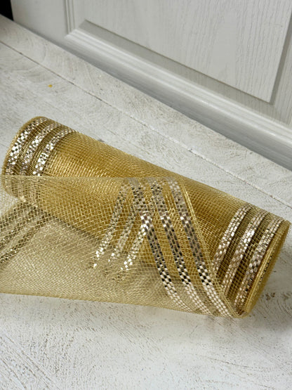10 Inch By 10 Yard Champagne With Champagne Border Stripe Mesh