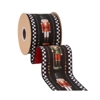 4 Inch By 10 Yard Black White Check Nutcracker With Red Backing Ribbon