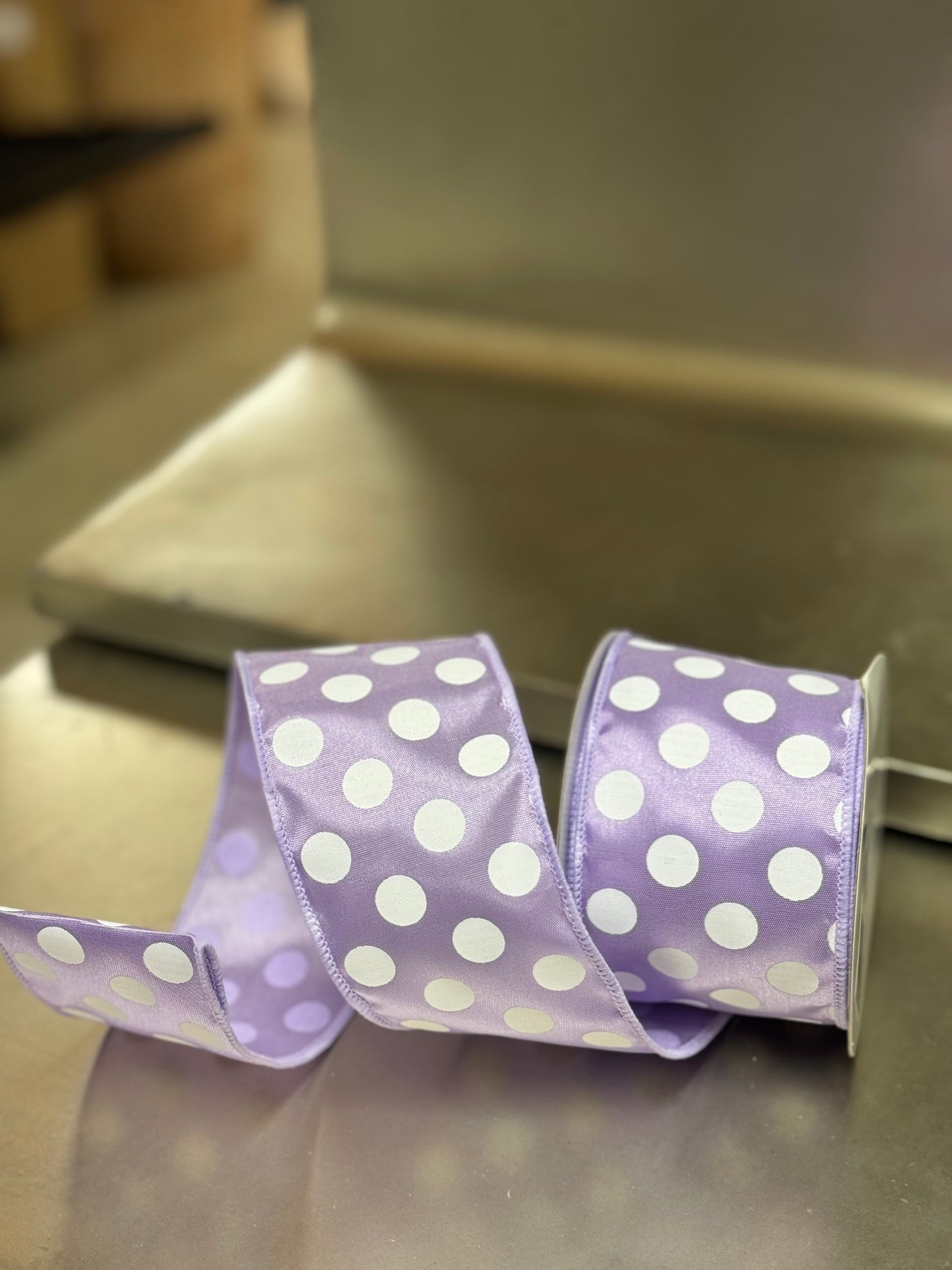 2.5 Inch By 10 Yard Lavender And White Polka Dot Ribbon