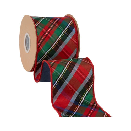 4 Inch By 10 Yard Traditional Christmas Plaid With Blue Backing Ribbon