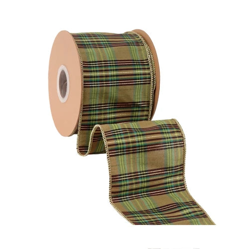 4 Inch By 10 Yard Green Metallic Plaid Ribbon