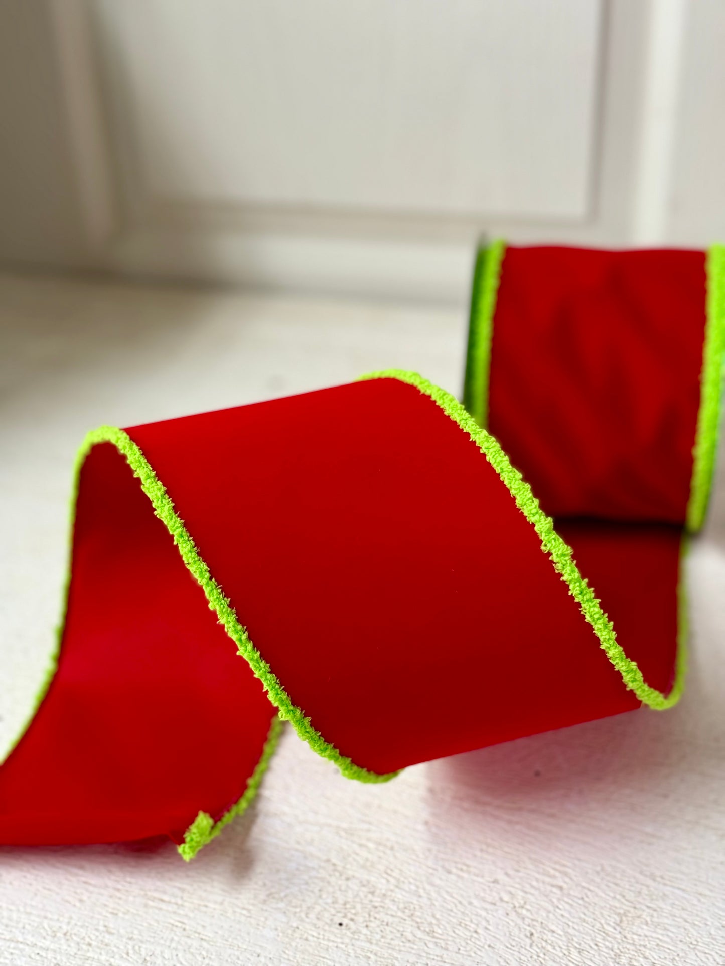 4 Inch By 10 Yard Red Velvet With Green Drift Ribbon