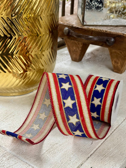 2.5 Inch By 10 Yard Natural And Red Stars And Stripes Ribbon