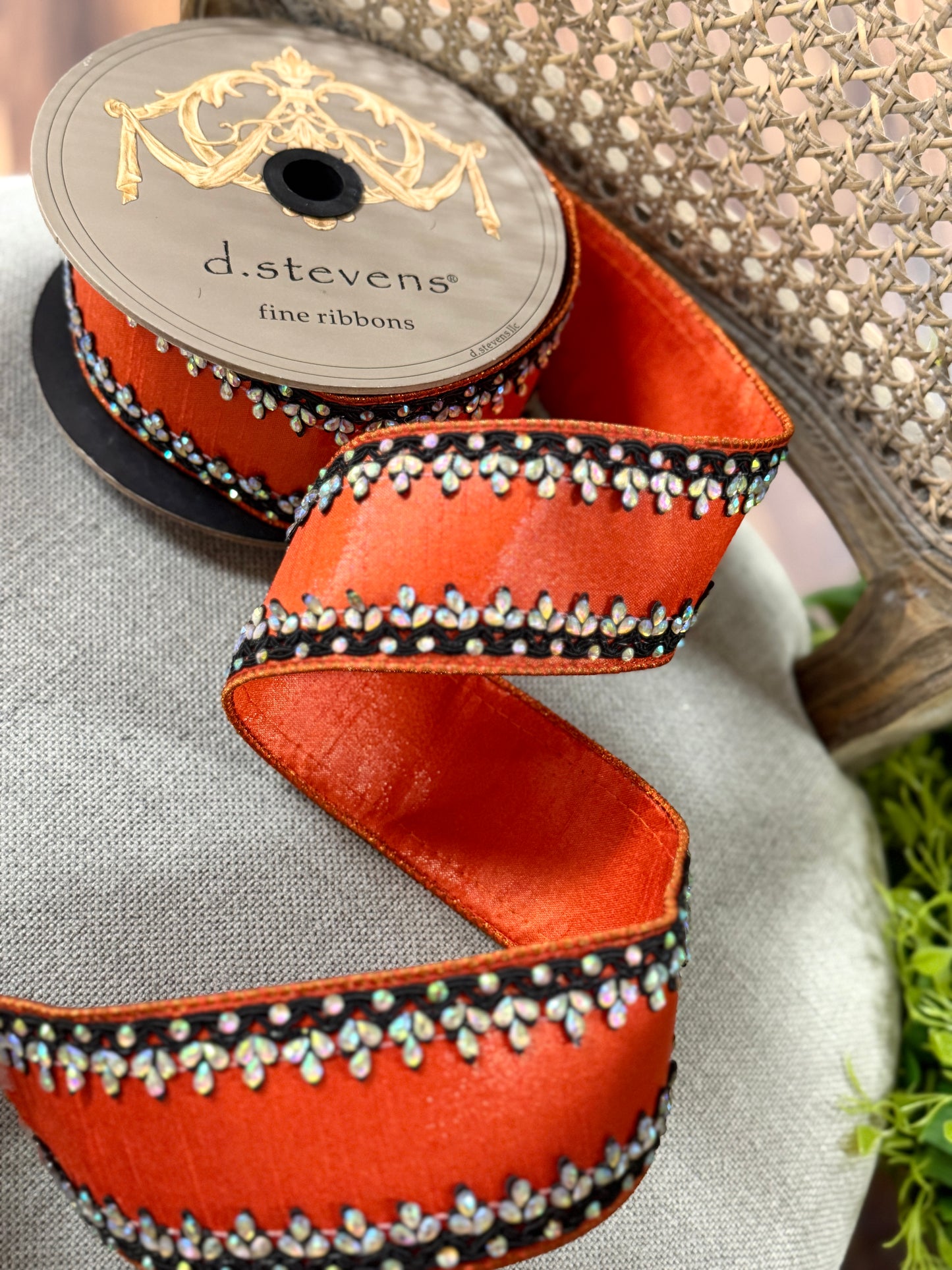 D. Stevens 2.5 Inch By 5 Yards Orange And Black Metallic Dupioni With Iris Jewel Trim Ribbon