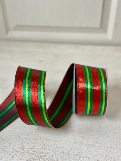 2.5 Inch By 10 Yard Red Emerald Lime Metallic Striped Ribbon