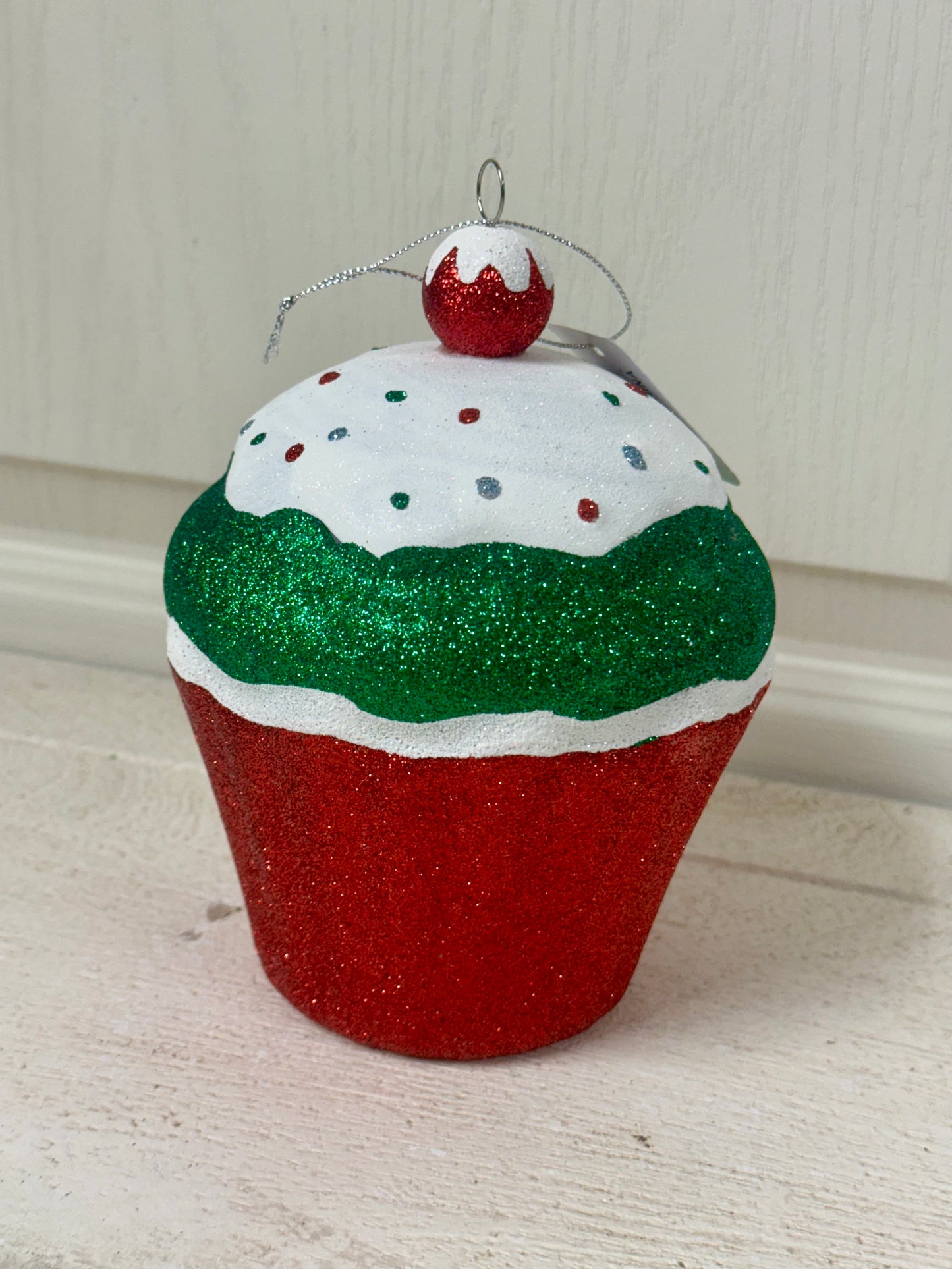 5.5 Inch Red Green Glitter Cupcake Ornament