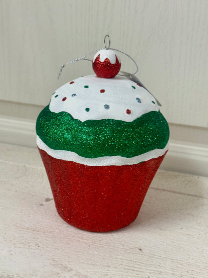 5.5 Inch Red Green Glitter Cupcake Ornament