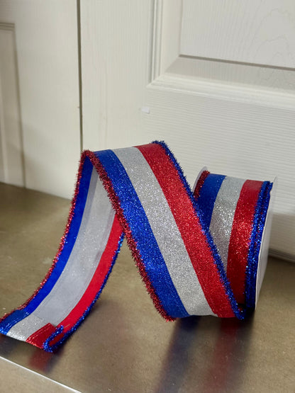 2.5 Inch By 10 Yard Royal Blue Red And Silver Striped Glitter With Tinsel Edging Ribbon