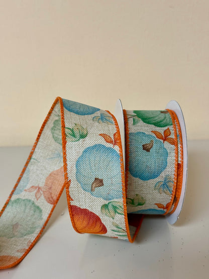 1.5 Inch By 10 Yard Natural Background With Orange Blue And Teal Pumpkins Ribbon