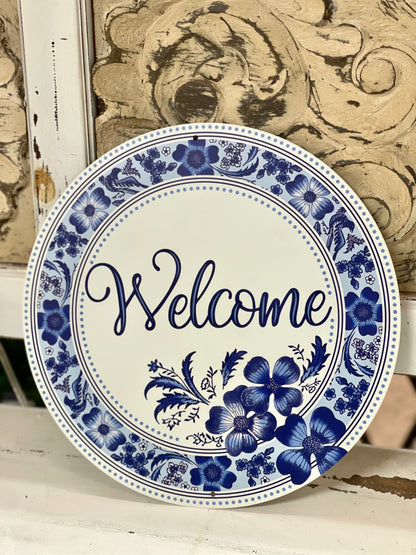 12 Inch Welcome Blue Watercolor Floral Metal Sign
