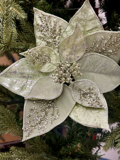 9 Inch Sage Green Poinsettia With Clip