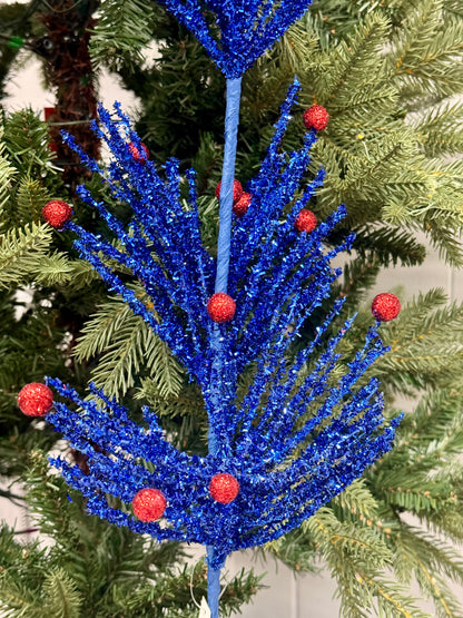 25 Inch Royal Blue And Red Glitter Pine Spray