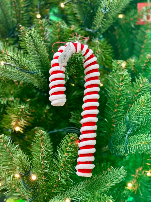 10.5 Inch Red And White Velvet Candy Cane Ornament