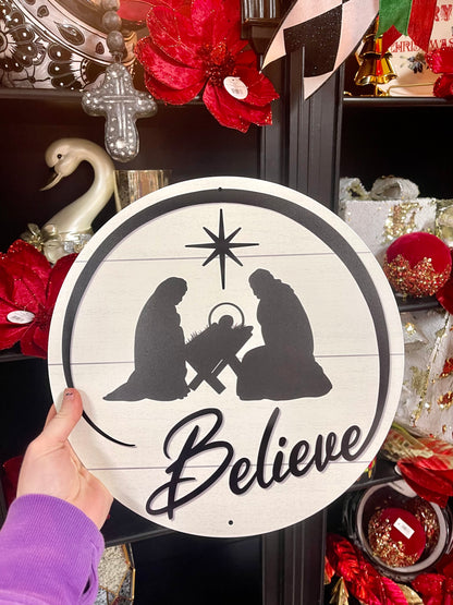 White And Black Believe Metal Sign With Nativity Scene