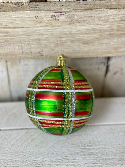 4 Inch Green Red Gold And Silver Glitter Plaid Ornament Ball