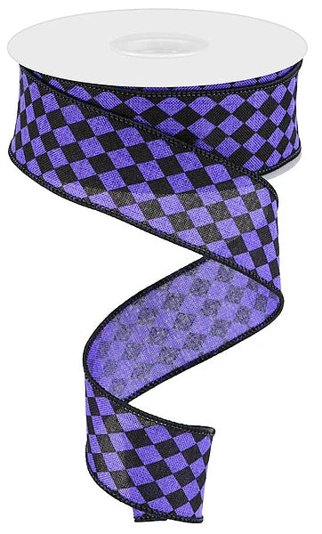 1.5 Inch By 10 Yard Purple And Black Small Harlequin On Royal Ribbon