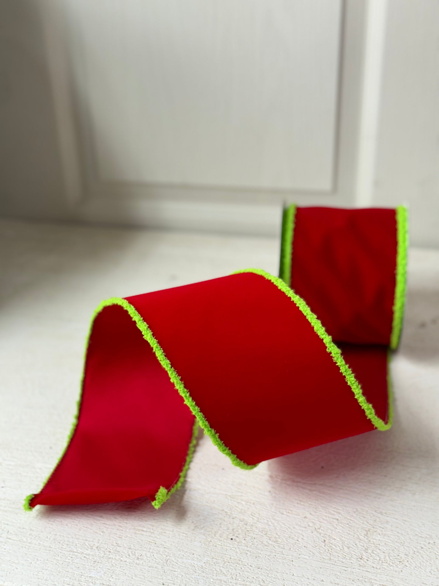 4 Inch By 10 Yard Red Velvet With Green Drift Ribbon