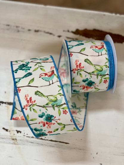 2.5 Inch By 10 Yard Birds With Floral Branches Ribbon