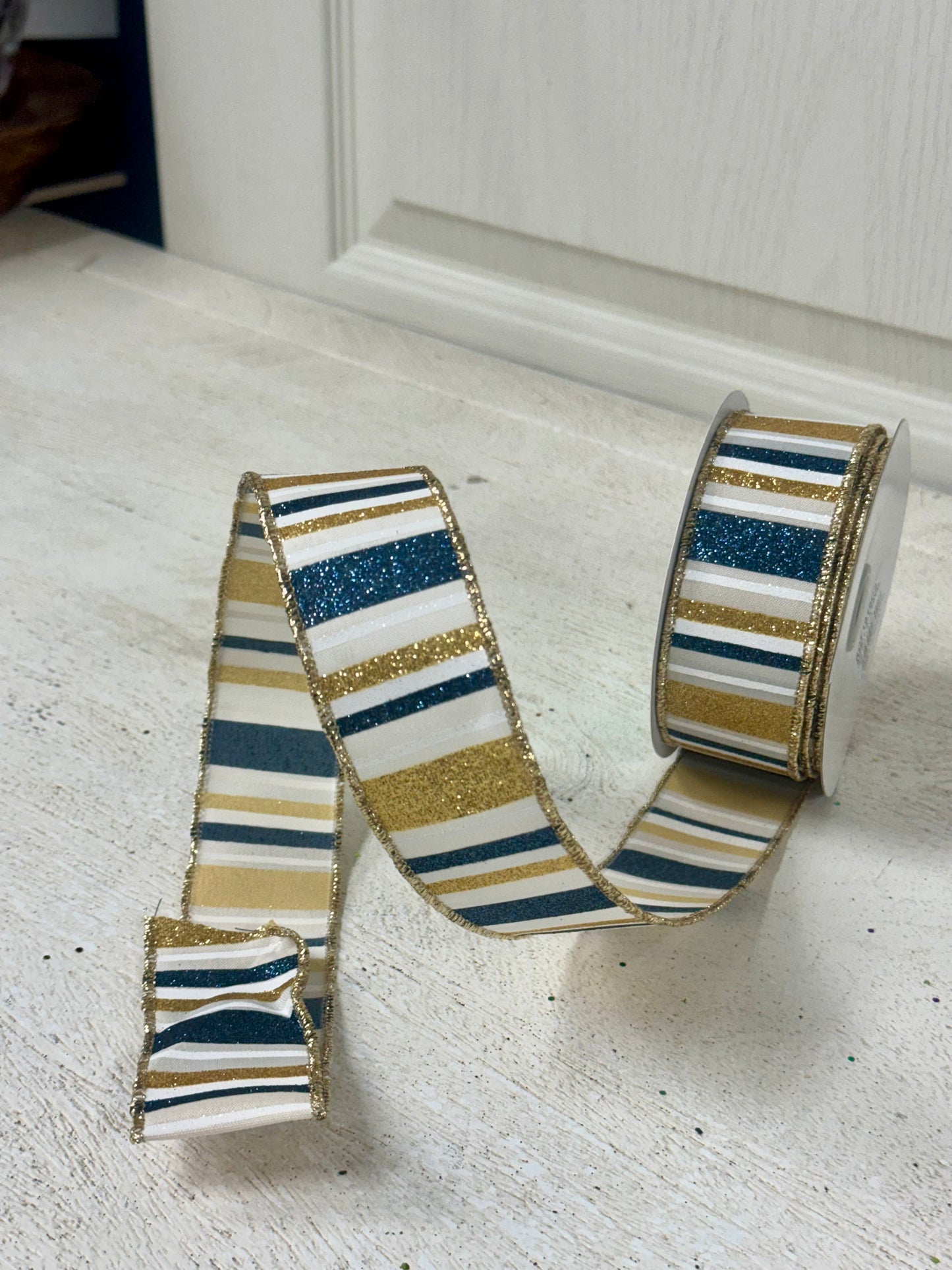1.5 Inch By 10 Yard Smoke Blue And Gold Horizontal Stripe Ribbon