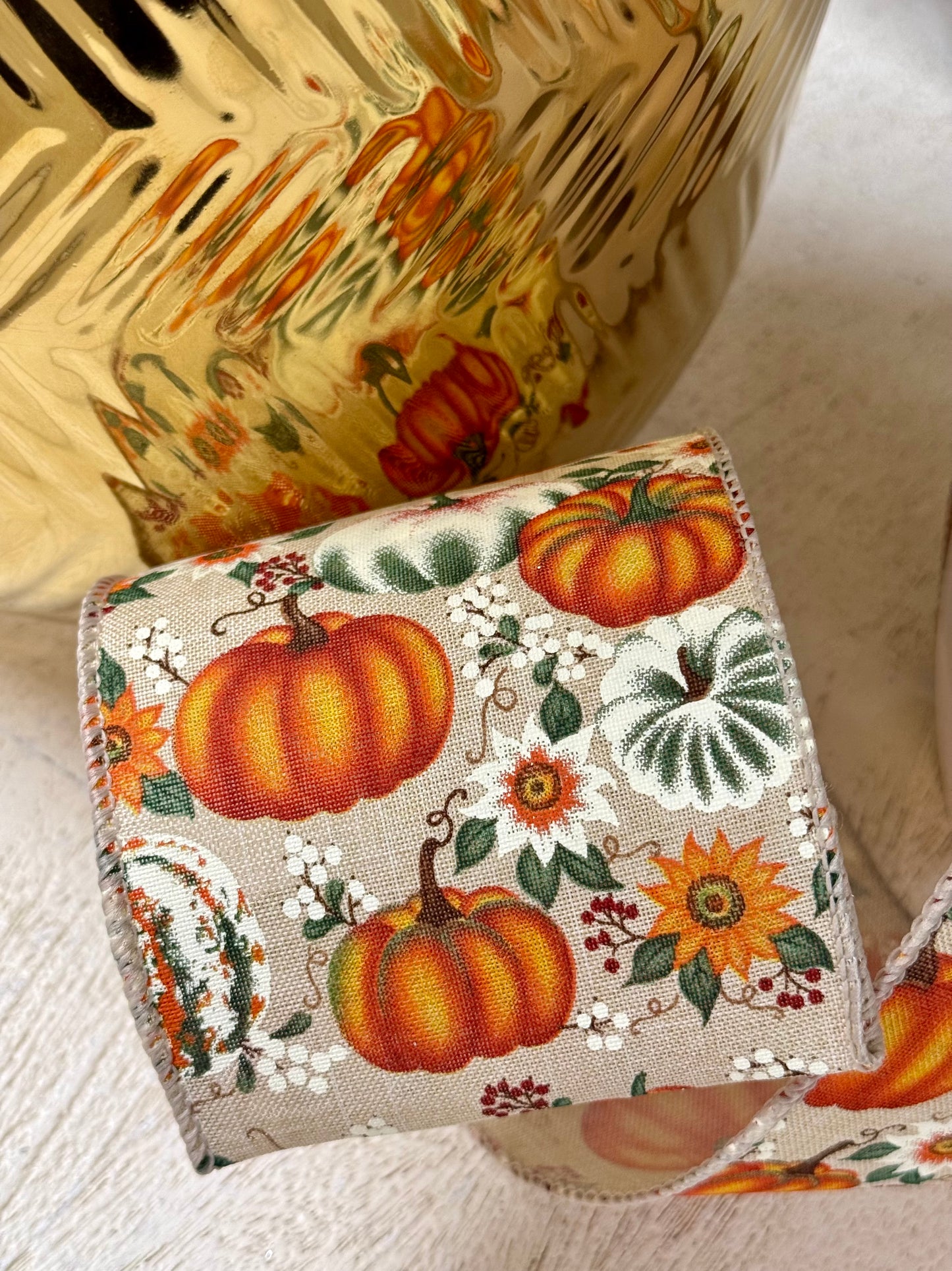 4 Inch By 10 Yard Orange Natural Harvest Pumpkins And Flowers Ribbon