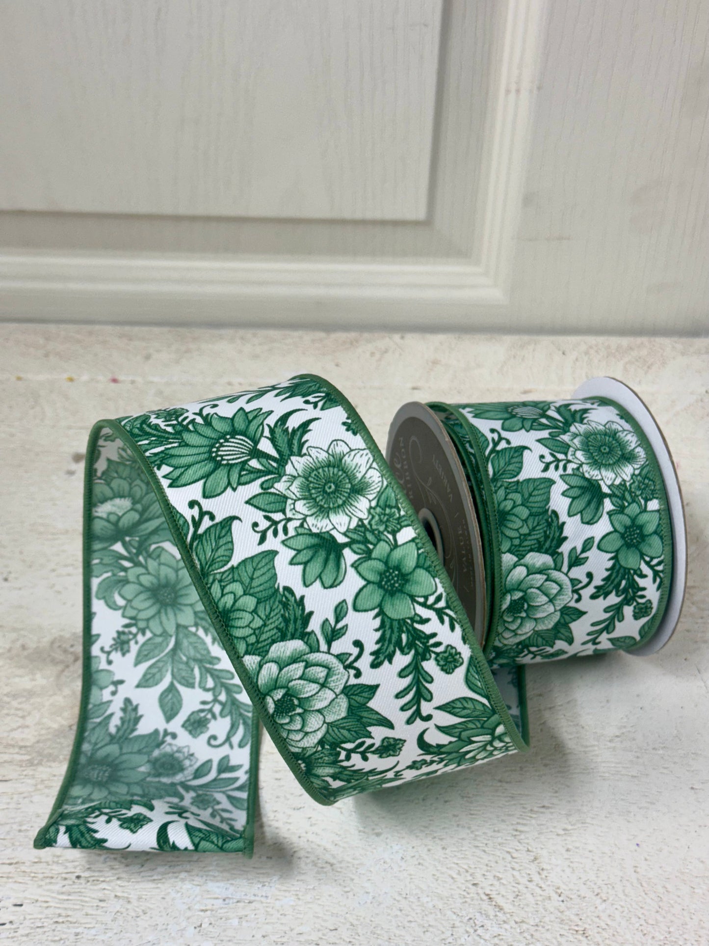 2.5 Inch By 10 Yard Sage Green And White Chinoiserie Florals Ribbon