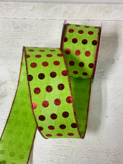 2.5 Inch By 10 Yard Lime Green And Red Metallic Polka Dot Ribbon