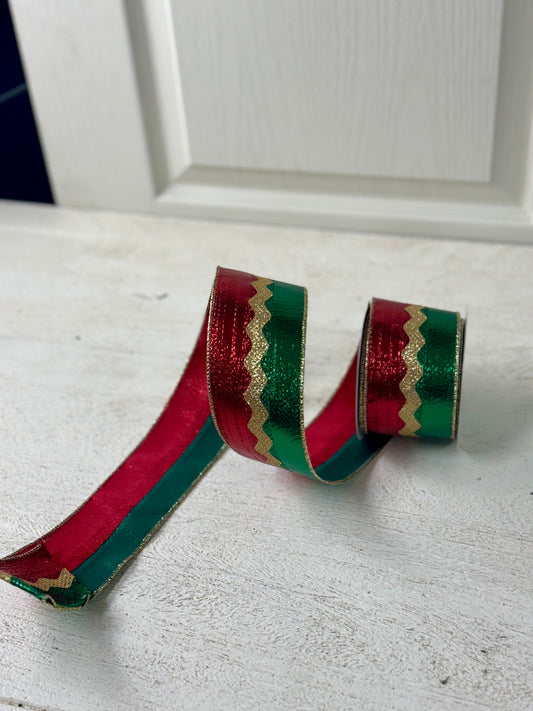 2.5 Inch By 10 Yard Emerald And Red Metallic Stripe Ribbon With Gold Ric Rac