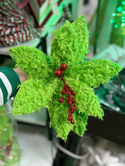 11 Inch Green Furry Feather Poinsettia Stem