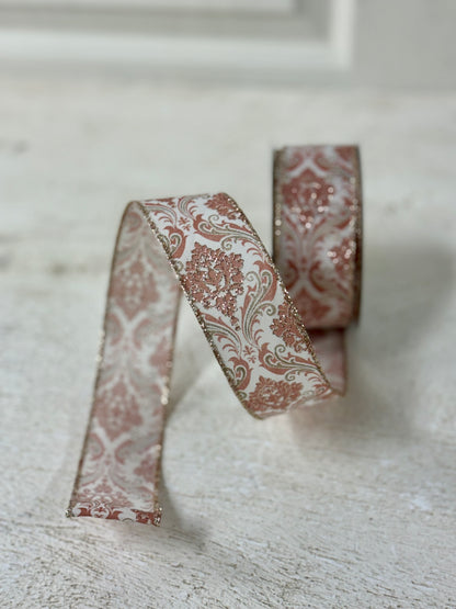 1.5 Inch By 10 Yard Champagne And Blush Pink Demask Ribbon