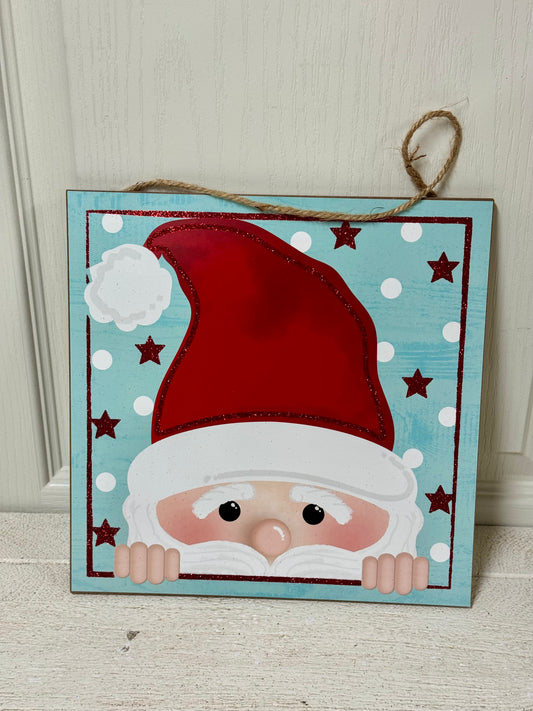 10 Inch Light Blue And Red Peeking Santa Face Square Wooden Sign