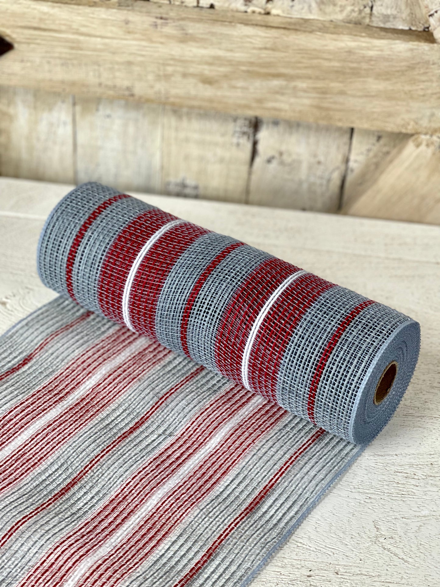 10.25 Inch By 10 Yard Gray Red And White Jute Striped Netting