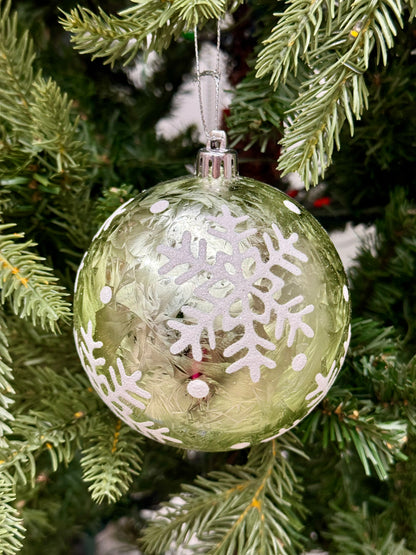 4 Inch Snowflake Feather Green Ornament Ball