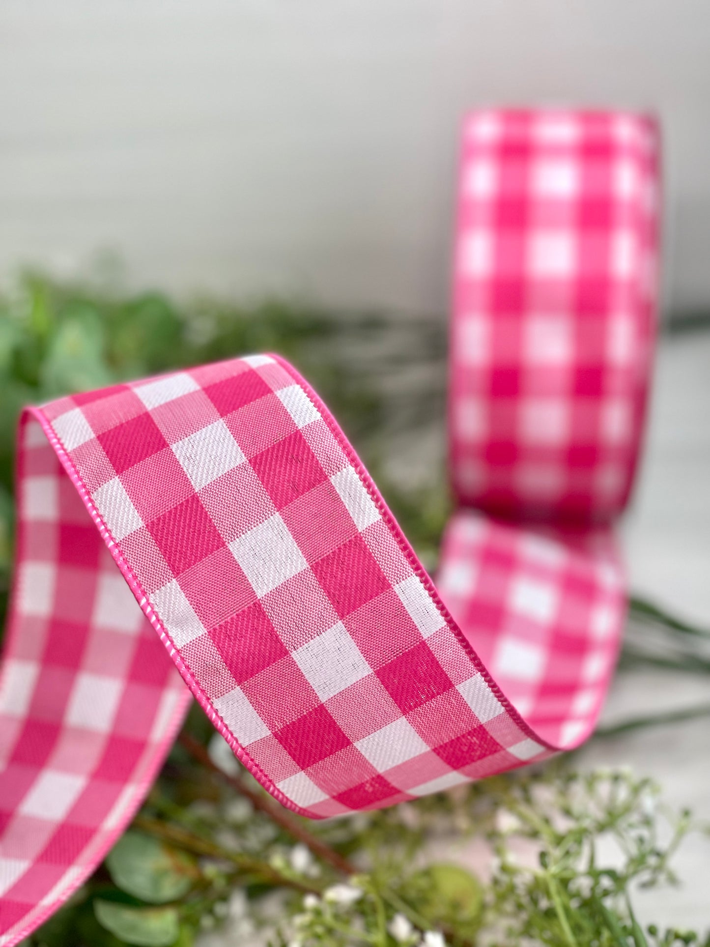 2.5 Inch By 50 Yard Pink And White Woven Check Ribbon