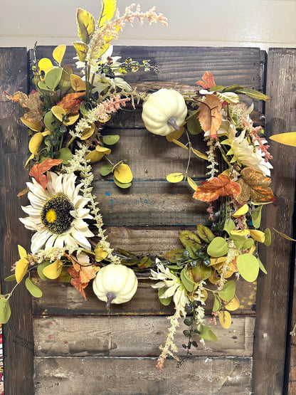 Floral White Pumpkin Sunflower Wreath