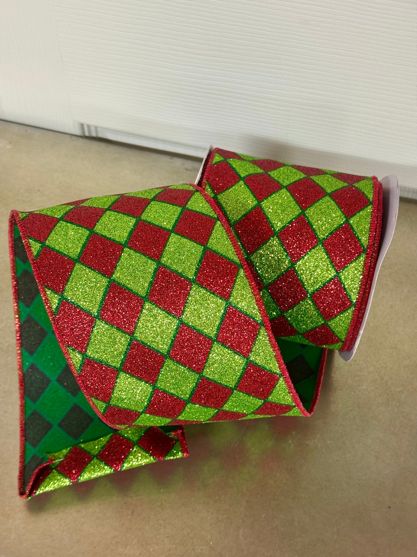 4 Inch By 10 Yard Red And Lime Glitter Harlequin Ribbon