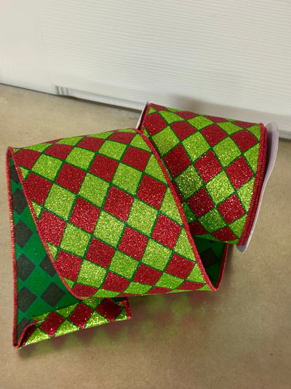 4 Inch By 10 Yard Red And Lime Glitter Harlequin Ribbon