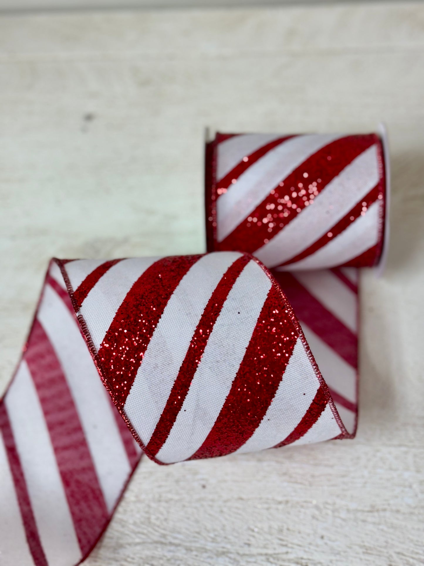 4 Inch By 10 Yard Red And White Glitter Striped Ribbon