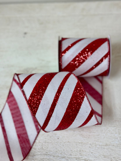 4 Inch By 10 Yard Red And White Glitter Striped Ribbon
